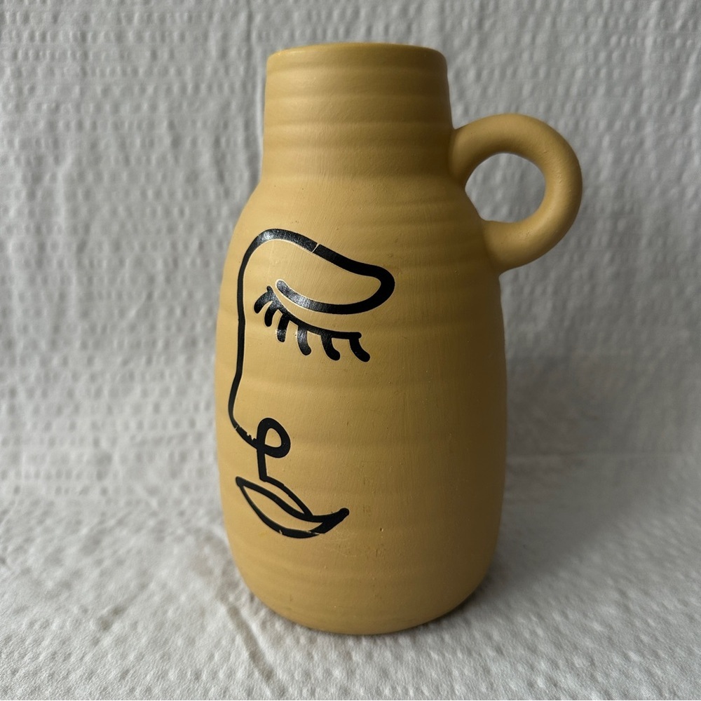 Modern Boho Matte Mustard Yellow Ceramic Abstract Line Face Jug Vase